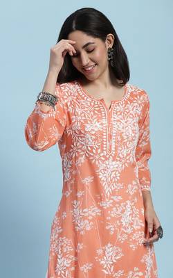 Orange chikankari cotton kurta 4
