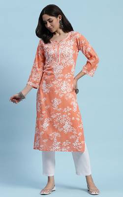 Orange chikankari cotton kurta 1