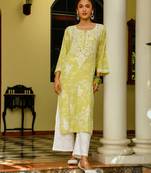 Light-turquoise chikankari cotton chikankari-kurtis