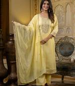 Women's silk blend embroidered kurta pant set with organza print dupatta