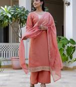 Women's silk blend embroidered kurta pant set with organza print dupatta
