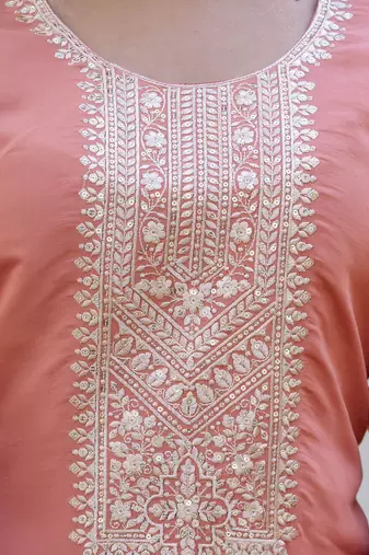 Women's silk blend embroidered kurta pant set with organza print dupatta