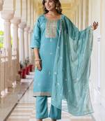 Women's silk blend embroidered kurta pant set with organza print dupatta