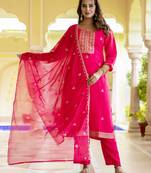 Women's silk blend embroidered kurta pant set with organza print dupatta