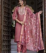 Women's silk blend embroidered kurta pant set with organza print dupatta