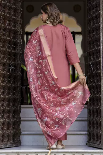 Women's silk blend embroidered kurta pant set with organza print dupatta