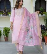 Women's silk blend embroidered kurta pant set with organza print dupatta