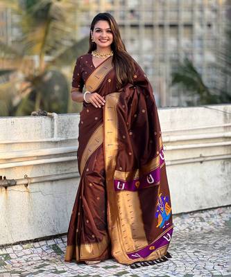 Brown soft silk blend woven ethnic saree 1