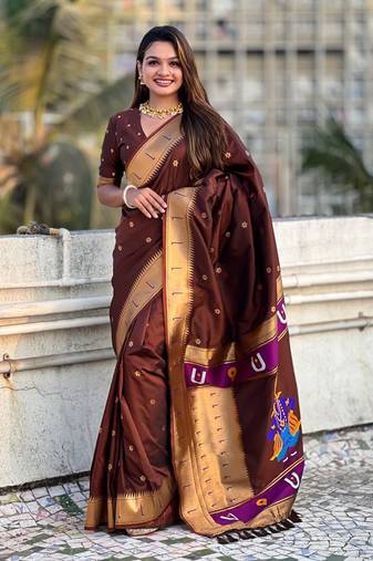 Brown soft silk blend woven designer ethnic saree