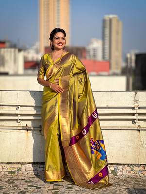 Olive soft silk blend woven ethnic saree 1