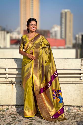 Olive soft silk blend woven designer ethnic saree