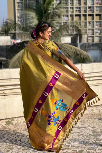 Olive soft silk blend woven ethnic saree