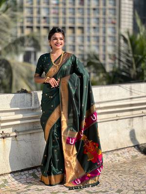 Dark green soft silk blend woven ethnic saree 1