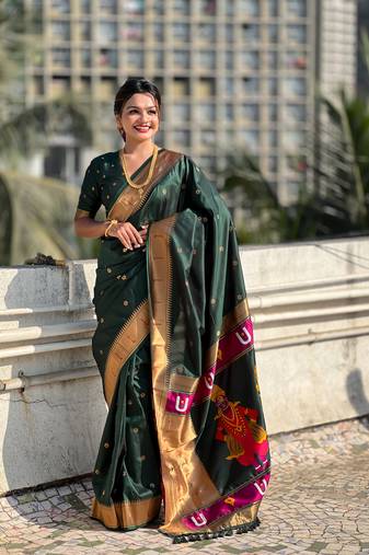 Dark green soft silk blend woven designer ethnic saree