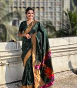 Dark green soft silk blend woven ethnic saree