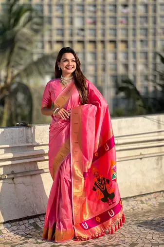 Pink soft silk blend woven ethnic saree