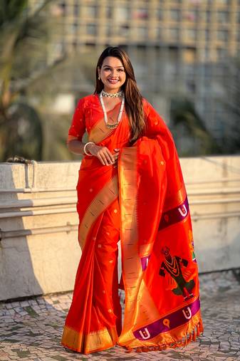 Orange soft silk blend woven designer ethnic saree