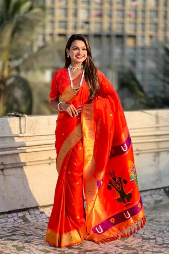 Orange soft silk blend woven ethnic saree