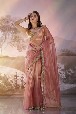 Dusty pink glamorous twill net solid partywear saree 1