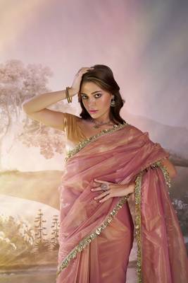 Dusty pink glamorous twill net solid partywear saree 3