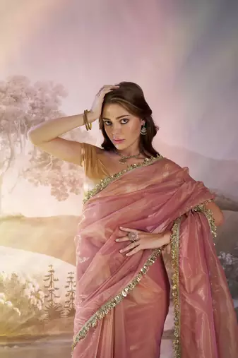 Dusty pink glamorous twill net solid partywear saree