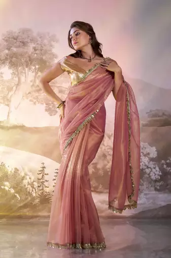 Dusty pink glamorous twill net solid partywear saree