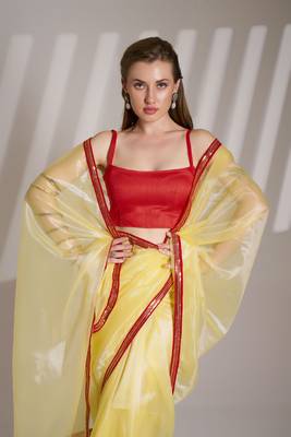 Yellow glamorous twill net solid partywear saree 3