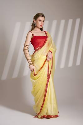 Yellow glamorous twill net solid partywear saree 5
