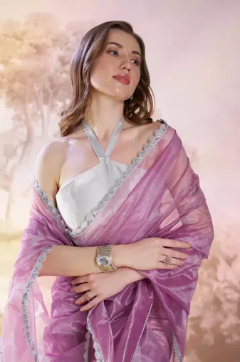 Purple glamorous twill net solid partywear saree