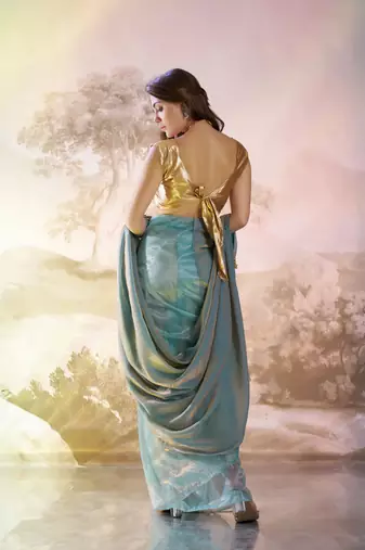 Blue glamorous fendi organza solid partywear saree