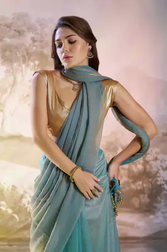 Blue glamorous fendi organza solid partywear saree