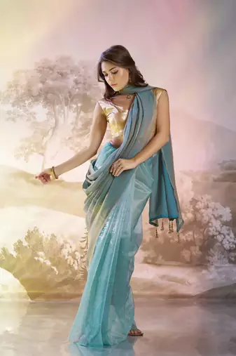 Blue glamorous fendi organza solid partywear saree