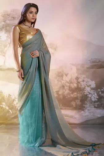 Blue glamorous fendi organza solid partywear saree