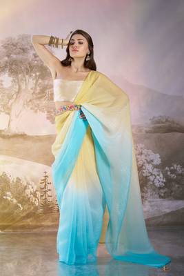 Sky blue glamorous crunchy chiffon solid partywear saree 1