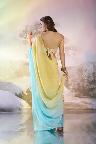 Sky blue glamorous crunchy chiffon solid partywear saree