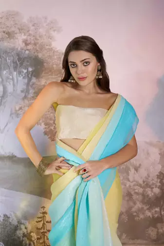 Sky blue glamorous crunchy chiffon solid partywear saree