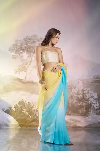 Sky blue glamorous crunchy chiffon solid partywear saree