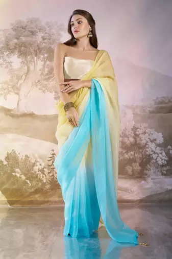 Sky blue glamorous crunchy chiffon solid partywear saree