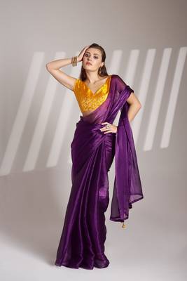 Violet glamorous burberry organza solid partywear saree 1