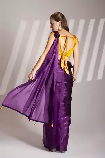 Violet glamorous burberry organza solid partywear saree