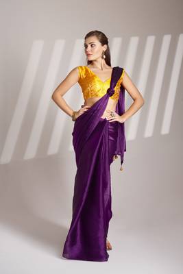 Violet glamorous burberry organza solid partywear saree 4