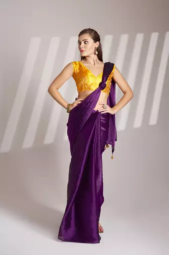 Violet glamorous burberry organza solid partywear saree