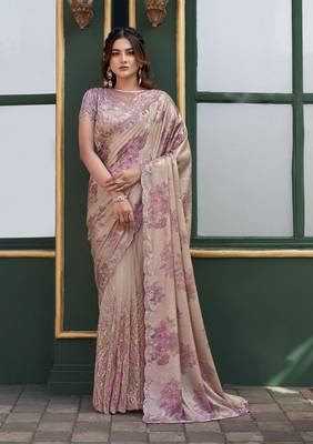 Beige sequin embroidery with hand beads stone work saree 1