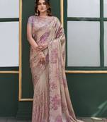 Beige sequin embroidery with hand beads stone work saree