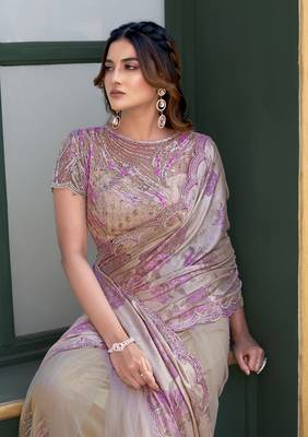 Beige sequin embroidery with hand beads stone work saree 2