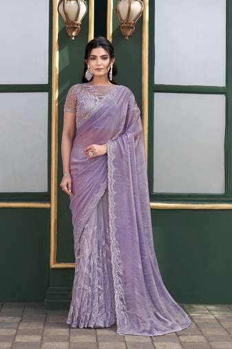 Lavender sequin embroidery with hand beads stone work saree