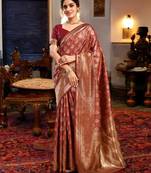 maroon banarasi silk blend woven saree with unstitched blouse piece