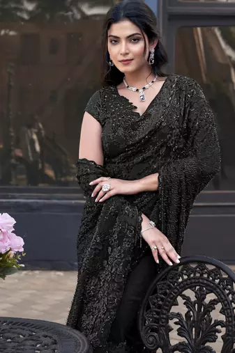 Black sequin embroidery & applique with beads work saree