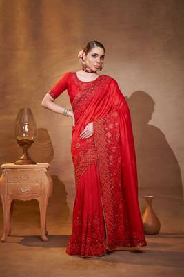 Red vichitra silk blend designer embroidery work partywear saree 1