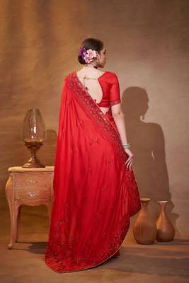 Red vichitra silk blend designer embroidery work partywear saree 2